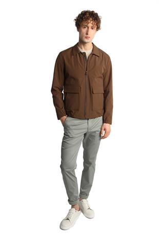 Bej Standart Kalıp Klasik Yaka Fermuarlı Polyester Mont