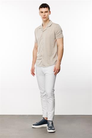 Bej Dynamic Fit  Apaç Yaka Düz Kısa Kollu Cepsiz Pamuklu Gömlek