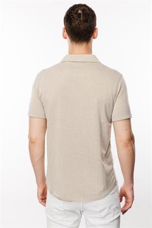 Bej Dynamic Fit  Apaç Yaka Düz Kısa Kollu Cepsiz Pamuklu Gömlek