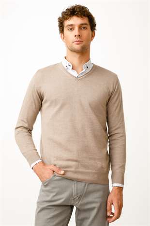 Bej Standart Fit Dar Kalıp V Yaka Düz Uzun Kollu  Triko