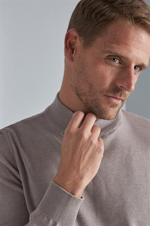Bej Modern Fit Ekstra Dar Kalıp Bisiklet Yaka Düz Uzun Kollu Triko