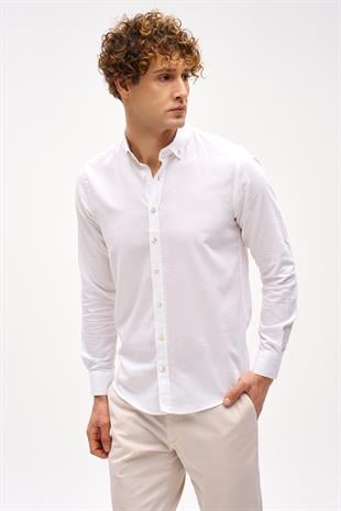 Beyaz Dynamic Fit  Düğmeli Yaka Düz Uzun Kollu Cepsiz Pamuklu Gömlek