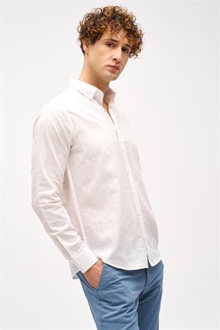 Beyaz Dynamic Fit  Düğmeli Yaka Çizgili Uzun Kollu Cepsiz %100 Pamuk Gömlek