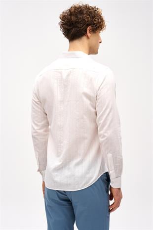 Beyaz Dynamic Fit  Düğmeli Yaka Çizgili Uzun Kollu Cepsiz %100 Pamuk Gömlek