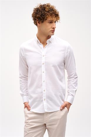 Beyaz Dynamic Fit  Düğmeli Yaka Düz Uzun Kollu Cepsiz Pamuklu Gömlek