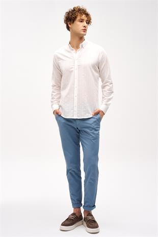 Beyaz Dynamic Fit  Düğmeli Yaka Çizgili Uzun Kollu Cepsiz %100 Pamuk Gömlek
