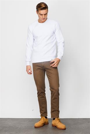 Erkek Beyaz  Bisiklet Yaka Sweatshirt