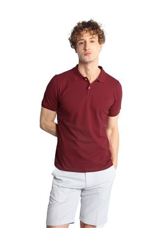 Bordo Modern Fit Dar Kalıp Polo Yaka Düz Kısa Kollu  %100 Pamuk Tişört