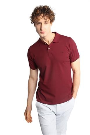 Bordo Modern Fit Dar Kalıp Polo Yaka Düz Kısa Kollu  %100 Pamuk Tişört
