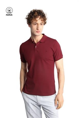 Bordo Modern Fit Dar Kalıp Polo Yaka Düz Kısa Kollu  %100 Pamuk Tişört