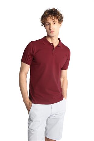 Bordo Modern Fit Dar Kalıp Polo Yaka Düz Kısa Kollu  %100 Pamuk Tişört