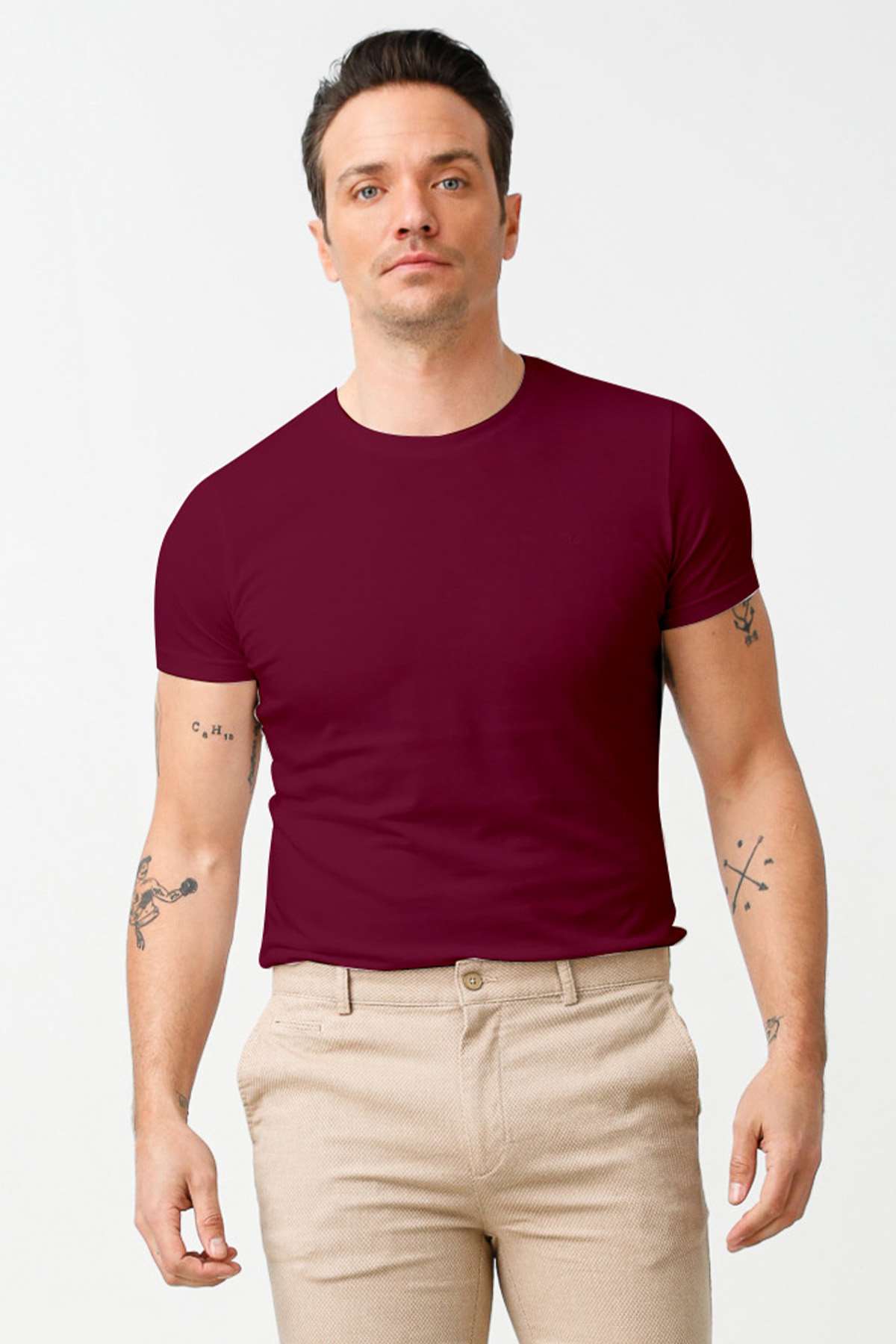 Bordo Standart Fit Dar Kalıp Bisiklet Yaka Düz Kısa Kollu  %100 Pamuk Tişört