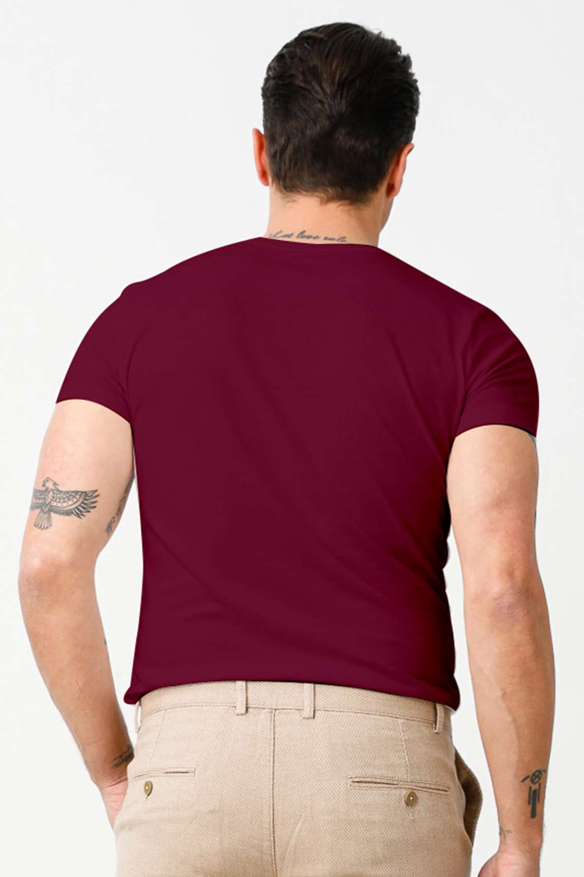 Bordo Standart Fit Dar Kalıp Bisiklet Yaka Düz Kısa Kollu  %100 Pamuk Tişört