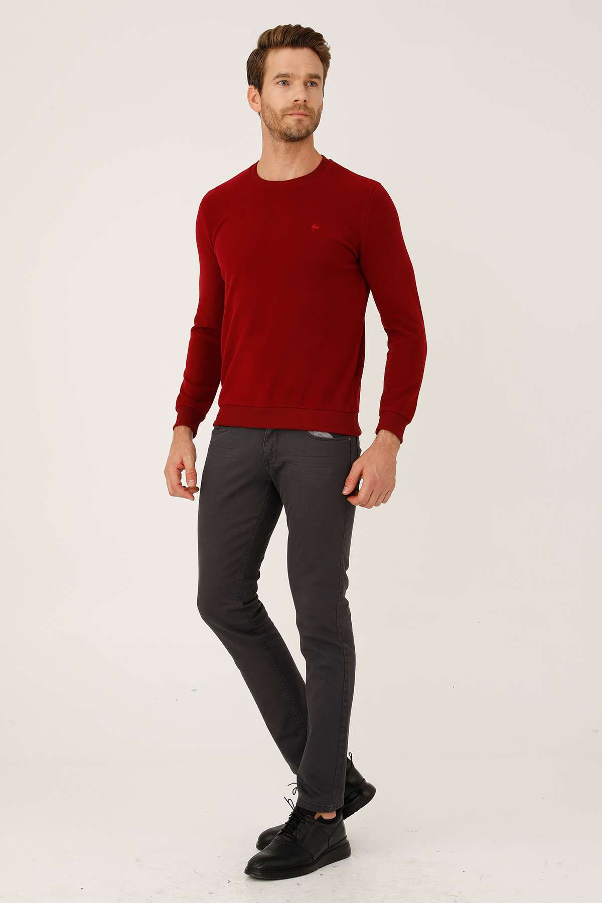 Bordo Regular Fit Rahat Kalıp Bisiklet Yaka Düz Uzun Kollu  Triko