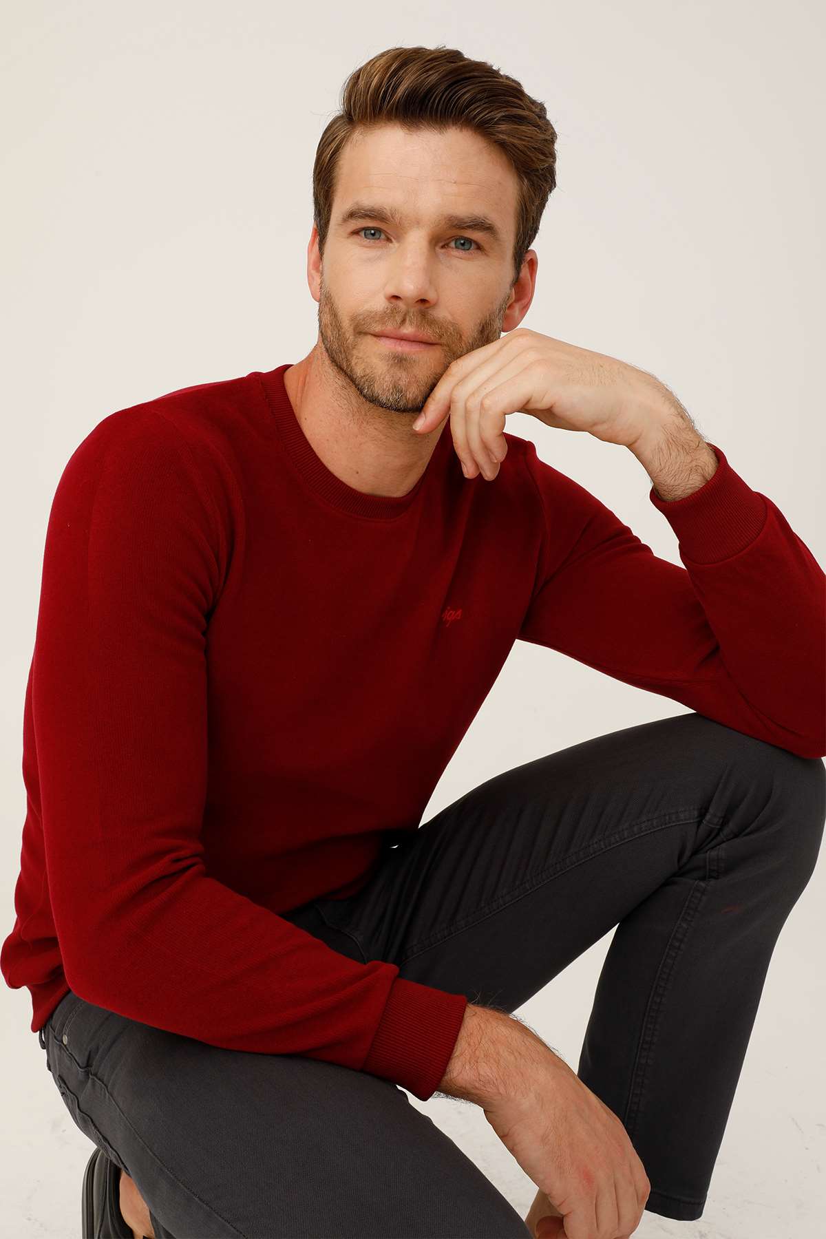 Bordo Regular Fit Rahat Kalıp Bisiklet Yaka Düz Uzun Kollu  Triko