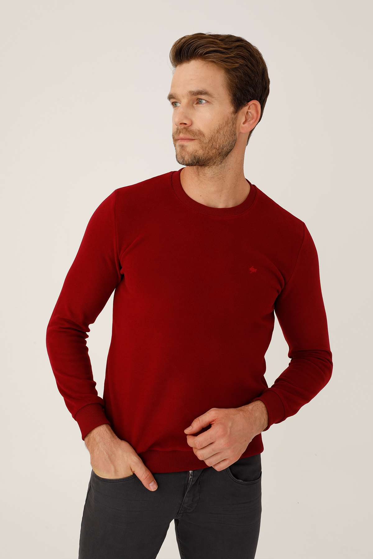 Bordo Regular Fit Rahat Kalıp Bisiklet Yaka Düz Uzun Kollu  Triko