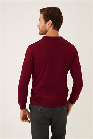 Bordo Standart Fit Dar Kalıp Polo Yaka Düz Uzun Kollu  Triko