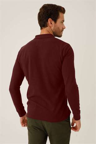 Erkek Bordo  Polo Yaka Düğmeli Sweatshirt