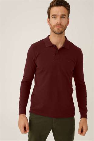 Erkek Bordo  Polo Yaka Düğmeli Sweatshirt