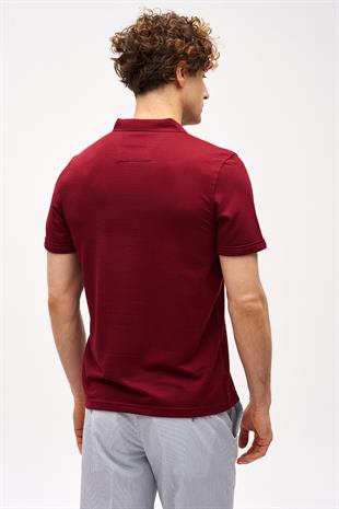 Bordo Slim Fit Dar Kalıp Fermuarlı Polo Yaka Düz Kısa Kollu  Tişört