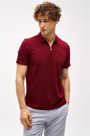 Bordo Slim Fit Dar Kalıp Fermuarlı Polo Yaka Düz Kısa Kollu  Tişört