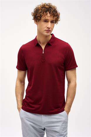 Bordo Slim Fit Dar Kalıp Fermuarlı Polo Yaka Düz Kısa Kollu  Tişört