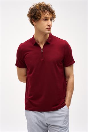 Bordo Slim Fit Dar Kalıp Fermuarlı Polo Yaka Düz Kısa Kollu  Tişört