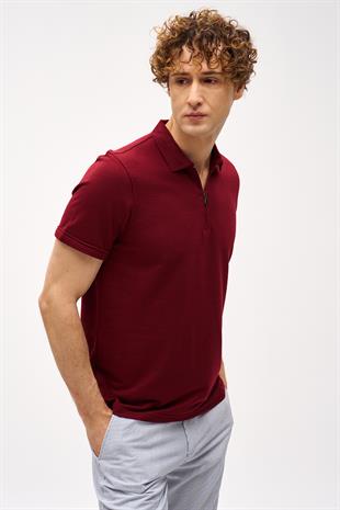 Bordo Slim Fit Dar Kalıp Fermuarlı Polo Yaka Düz Kısa Kollu  Tişört