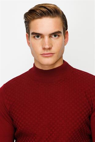 Bordo Standart Fit Dar Kalıp Yarım Balıkçı Düz Uzun Kollu  Triko