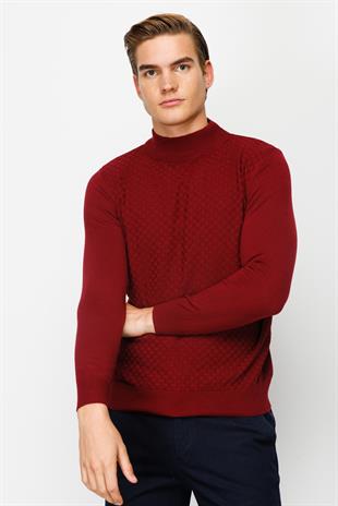 Bordo Standart Fit Dar Kalıp Yarım Balıkçı Düz Uzun Kollu  Triko