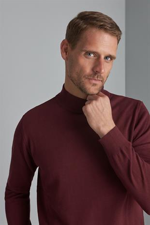 Bordo Modern Fit Ekstra Dar Kalıp Bisiklet Yaka Düz Uzun Kollu Triko