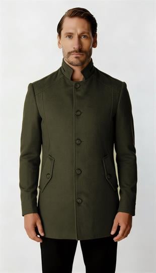 Haki Dik Yaka Erkek Kaban Düğmeli Klasik Modern Model