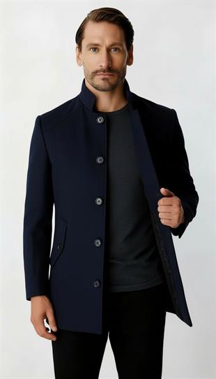 Lacivert Dik Yaka Erkek Kaban Düğmeli Klasik Modern Model