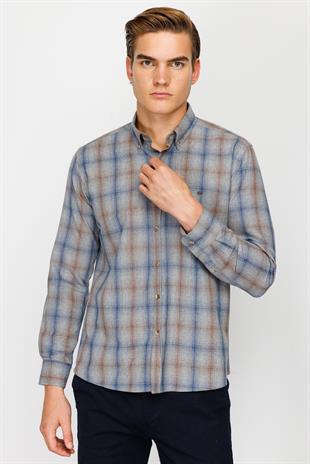 Gri Dynamic Fit  Düğmeli Yaka Ekose Uzun Kollu Cepsiz Pamuklu Gömlek