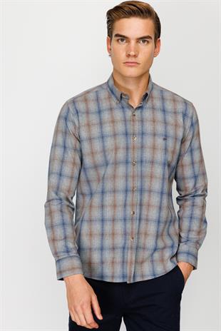 Gri Dynamic Fit  Düğmeli Yaka Ekose Uzun Kollu Cepsiz Pamuklu Gömlek