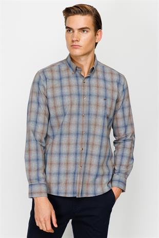 Gri Dynamic Fit  Düğmeli Yaka Ekose Uzun Kollu Cepsiz Pamuklu Gömlek