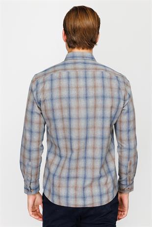 Gri Dynamic Fit  Düğmeli Yaka Ekose Uzun Kollu Cepsiz Pamuklu Gömlek