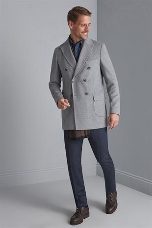 Erkek Gri Regularfit / Rahat Kalıp Kruvaze Kaban