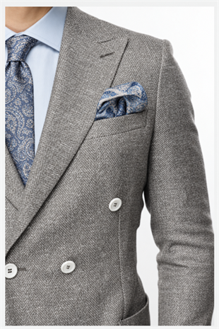 Erkek Gri Slim Fit Dar Kalıp Geniş Kırlangıç Yaka Desenli Ceket