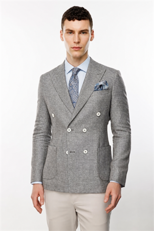 Erkek Gri Slim Fit Dar Kalıp Geniş Kırlangıç Yaka Desenli Ceket