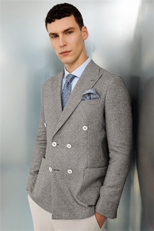 Erkek Gri Slim Fit Dar Kalıp Geniş Kırlangıç Yaka Desenli Ceket