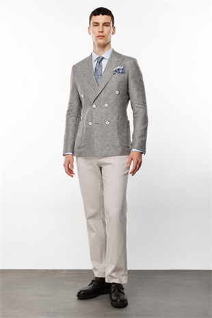 Erkek Gri Slim Fit Dar Kalıp Geniş Kırlangıç Yaka Desenli Ceket