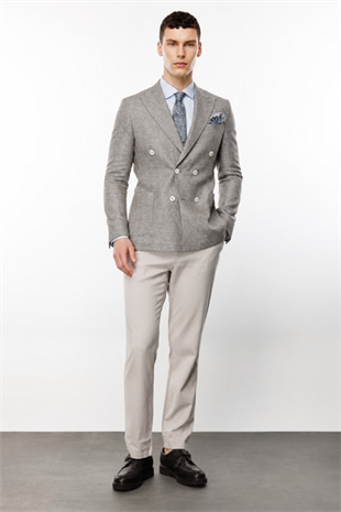 Erkek Gri Slim Fit Dar Kalıp Geniş Kırlangıç Yaka Desenli Ceket
