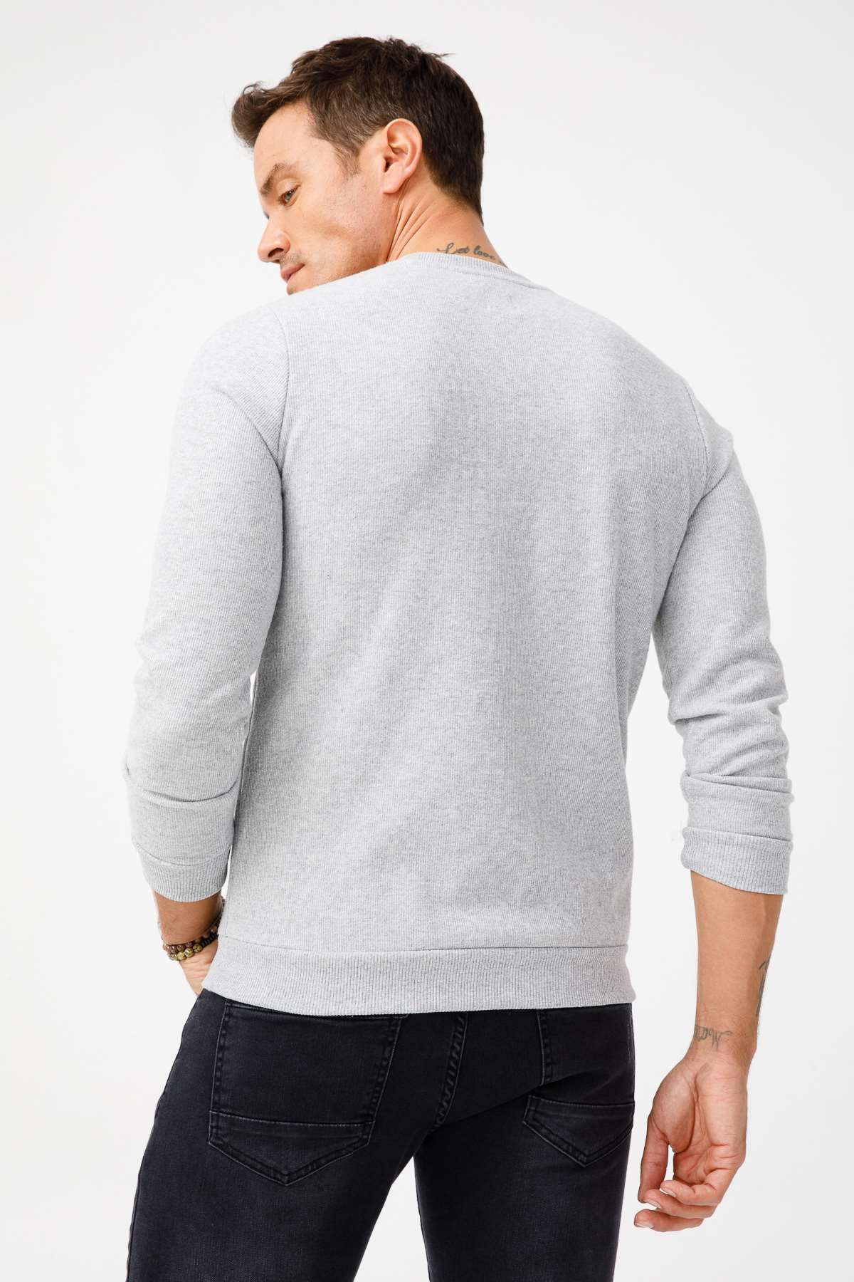 Gri Regular Fit Rahat Kalıp Bisiklet Yaka Düz Uzun Kollu  Triko