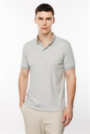 Gri Standart Fit Dar Kalıp Düğmeli Polo Yaka Düz Kısa Kollu Pamuklu Tişört