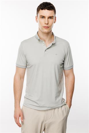 Gri Standart Fit Dar Kalıp Düğmeli Polo Yaka Düz Kısa Kollu Pamuklu Tişört