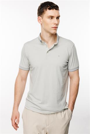 Gri Standart Fit Dar Kalıp Düğmeli Polo Yaka Düz Kısa Kollu Pamuklu Tişört