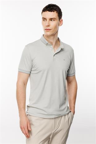 Gri Standart Fit Dar Kalıp Düğmeli Polo Yaka Düz Kısa Kollu Pamuklu Tişört