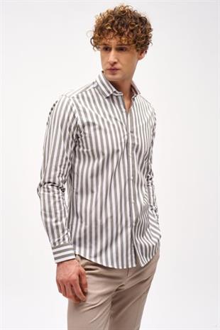 Haki Dynamic Fit  Düğmeli Yaka Çizgili Uzun Kollu Cepsiz %100 Pamuk Gömlek