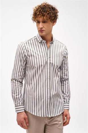 Haki Dynamic Fit  Düğmeli Yaka Çizgili Uzun Kollu Cepsiz %100 Pamuk Gömlek